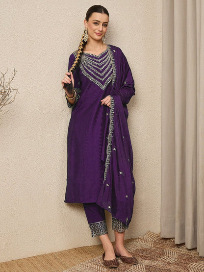 Premium Embroidered Roman Silk Suit Set with Scalloped Dupatta
