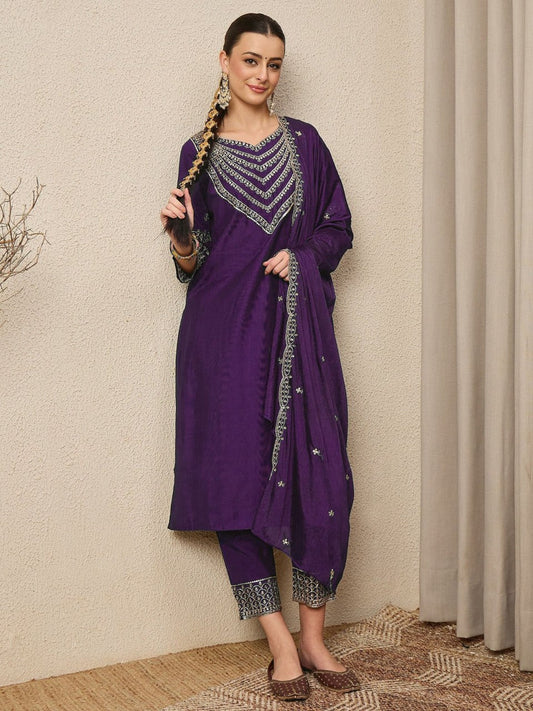 Premium Embroidered Roman Silk Suit Set with Scalloped Dupatta