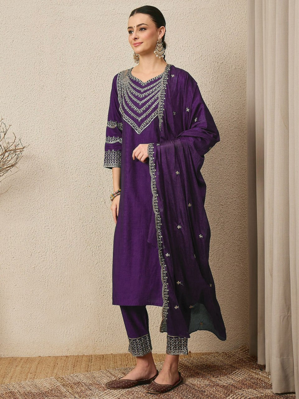 Premium Embroidered Roman Silk Suit Set with Scalloped Dupatta