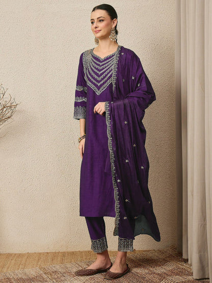 Premium Embroidered Roman Silk Suit Set with Scalloped Dupatta