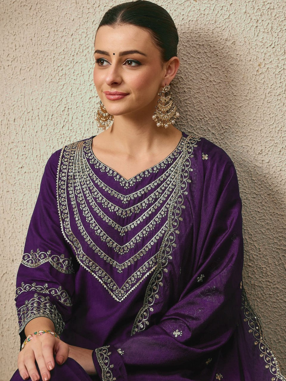 Premium Embroidered Roman Silk Suit Set with Scalloped Dupatta