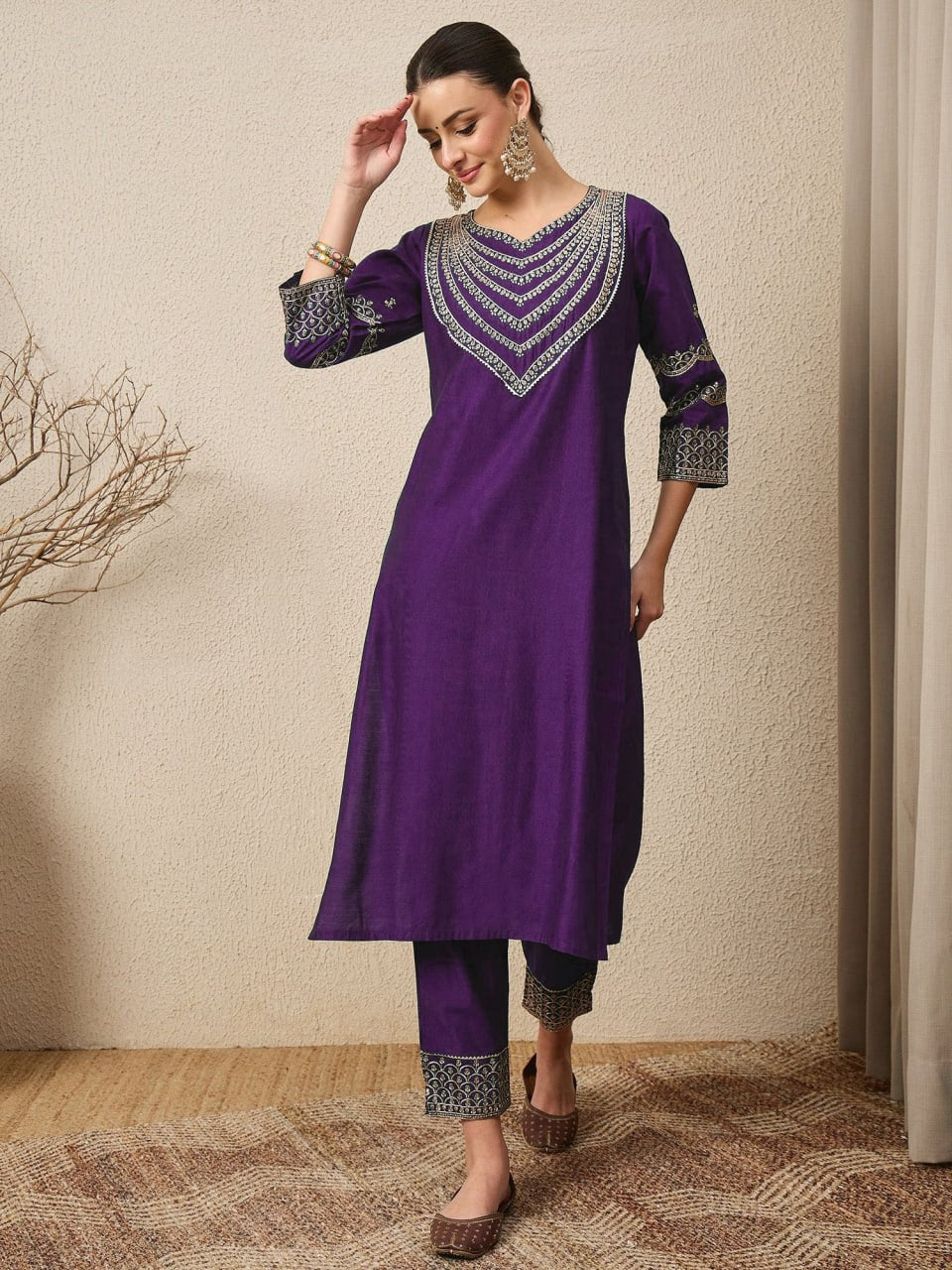 Premium Embroidered Roman Silk Suit Set with Scalloped Dupatta