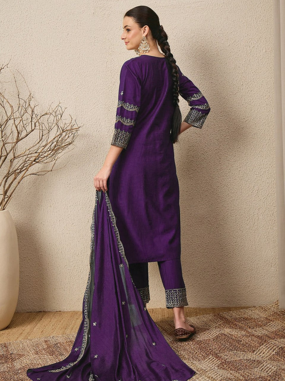 Premium Embroidered Roman Silk Suit Set with Scalloped Dupatta