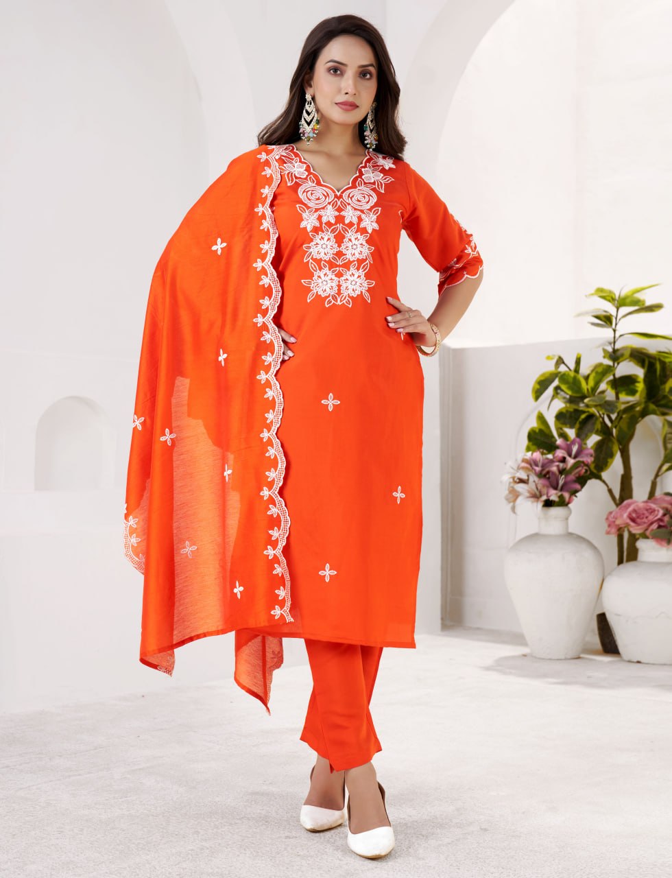 Premium Orange Embroidered Roman Silk Suit Set with Chanderi Dupatta