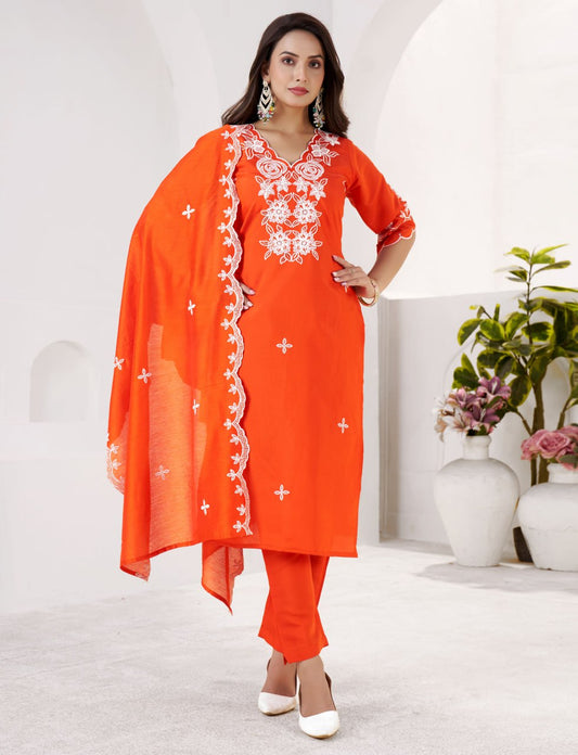 Premium Orange Embroidered Roman Silk Suit Set with Chanderi Dupatta