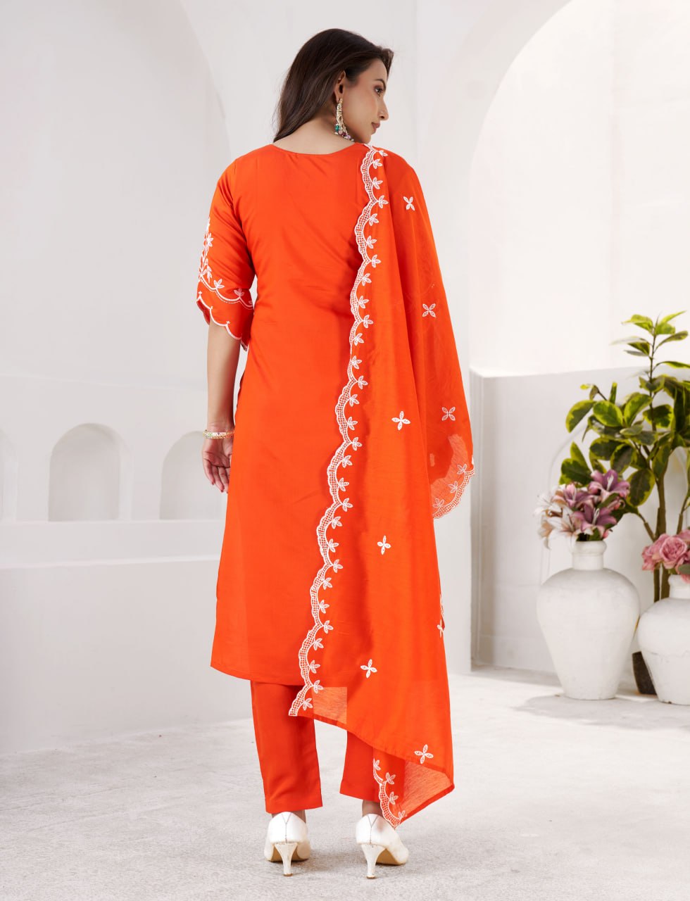 Premium Orange Embroidered Roman Silk Suit Set with Chanderi Dupatta