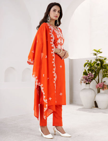 Premium Orange Embroidered Roman Silk Suit Set with Chanderi Dupatta