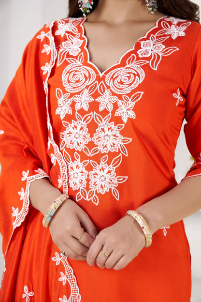 Premium Orange Embroidered Roman Silk Suit Set with Chanderi Dupatta