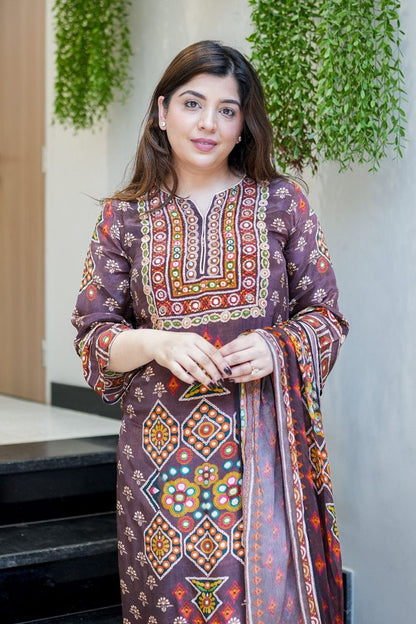 Designer Pure Burbary Silk Embroidered Suit Set with Chanderi Dupatta