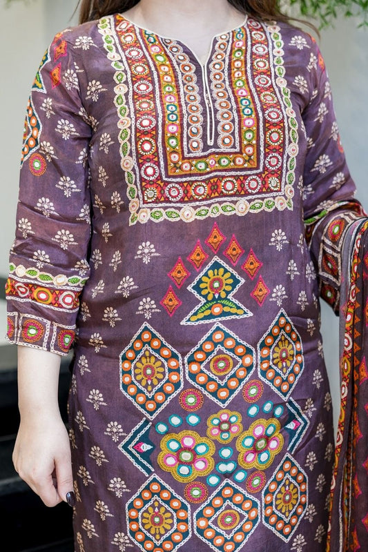 Designer Pure Burbary Silk Embroidered Suit Set with Chanderi Dupatta
