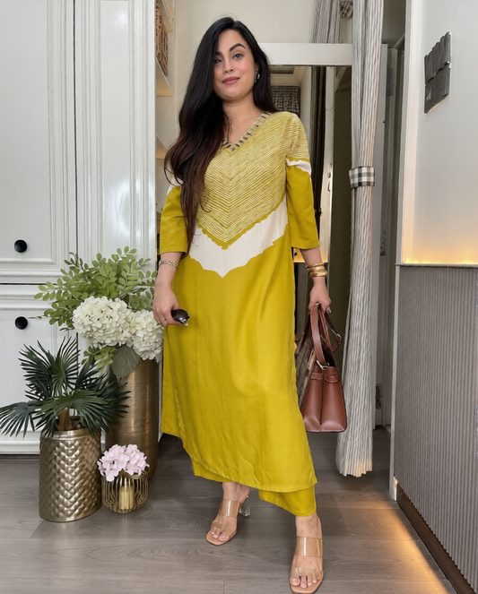 JOYA Premium Mustard Yellow Cotton Slub Kurti & Pant Set