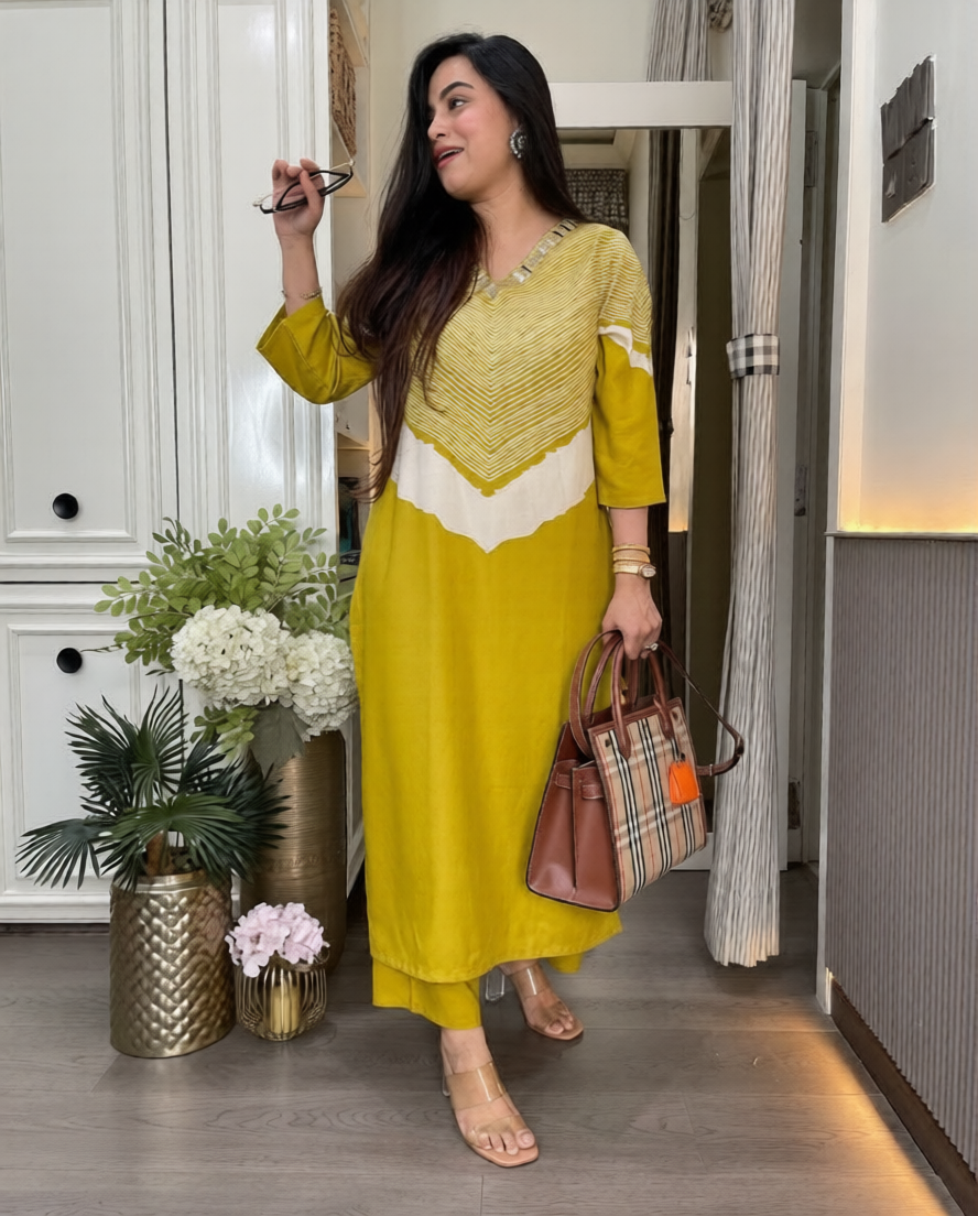 JOYA Premium Mustard Yellow Cotton Slub Kurti & Pant Set