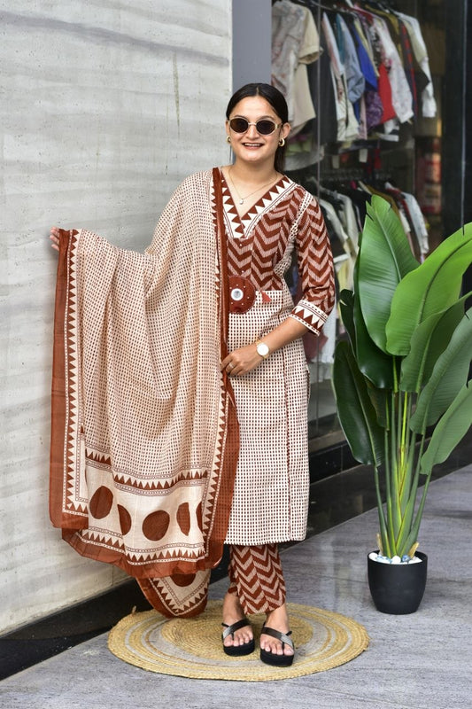 Premium Rust Brown Zik-Zek Print Jaipur Cotton Kurti Pant & Dupatta Set