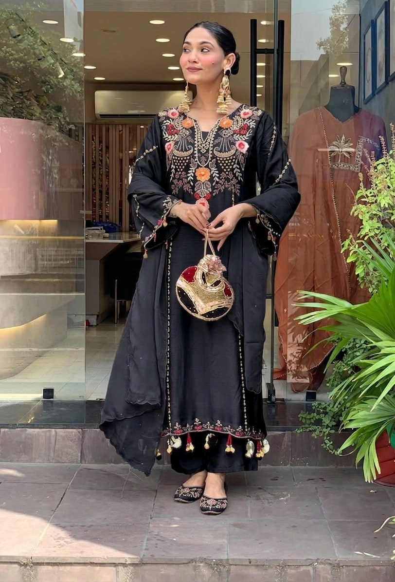 Premium Black Embroidered Cottan Lining Suit Set with Dupatta
