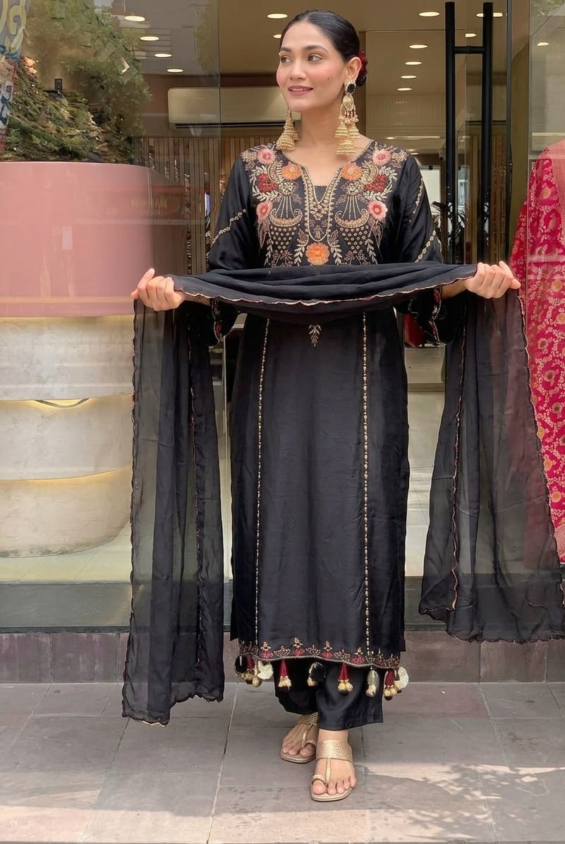 Premium Black Embroidered Cottan Lining Suit Set with Dupatta