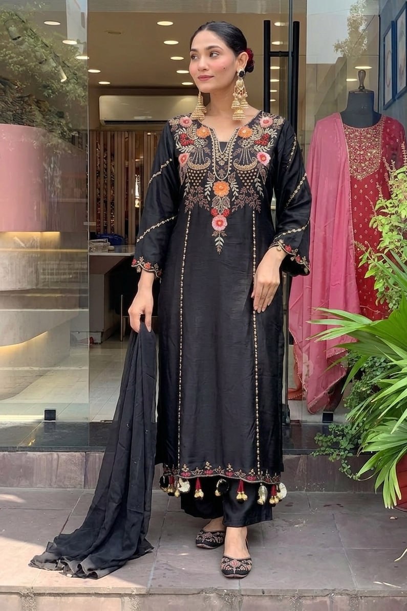 Premium Black Embroidered Cottan Lining Suit Set with Dupatta