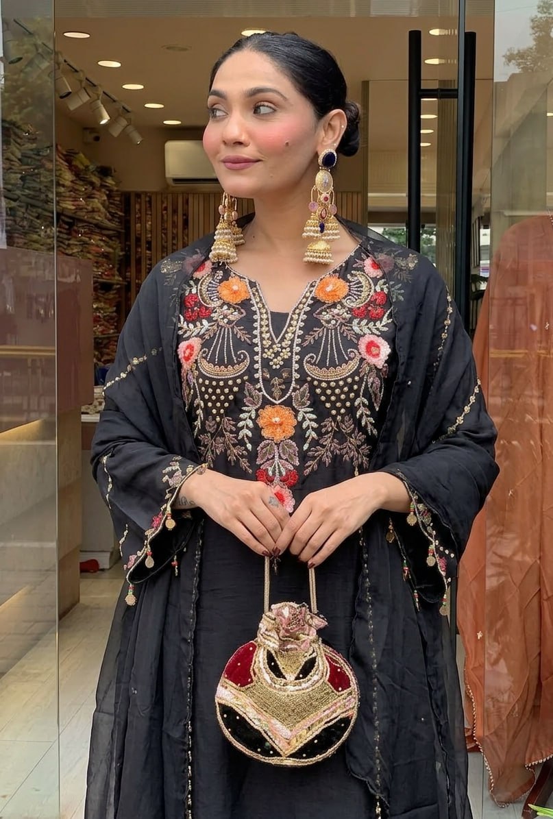 Premium Black Embroidered Cottan Lining Suit Set with Dupatta