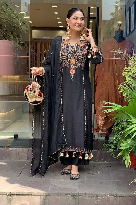 Premium Black Embroidered Cottan Lining Suit Set with Dupatta