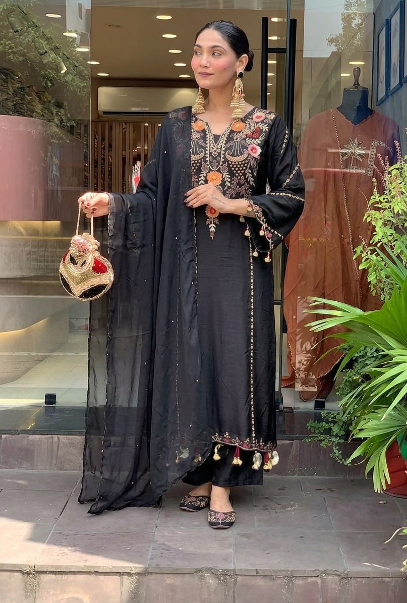 Premium Black Embroidered Cottan Lining Suit Set with Dupatta