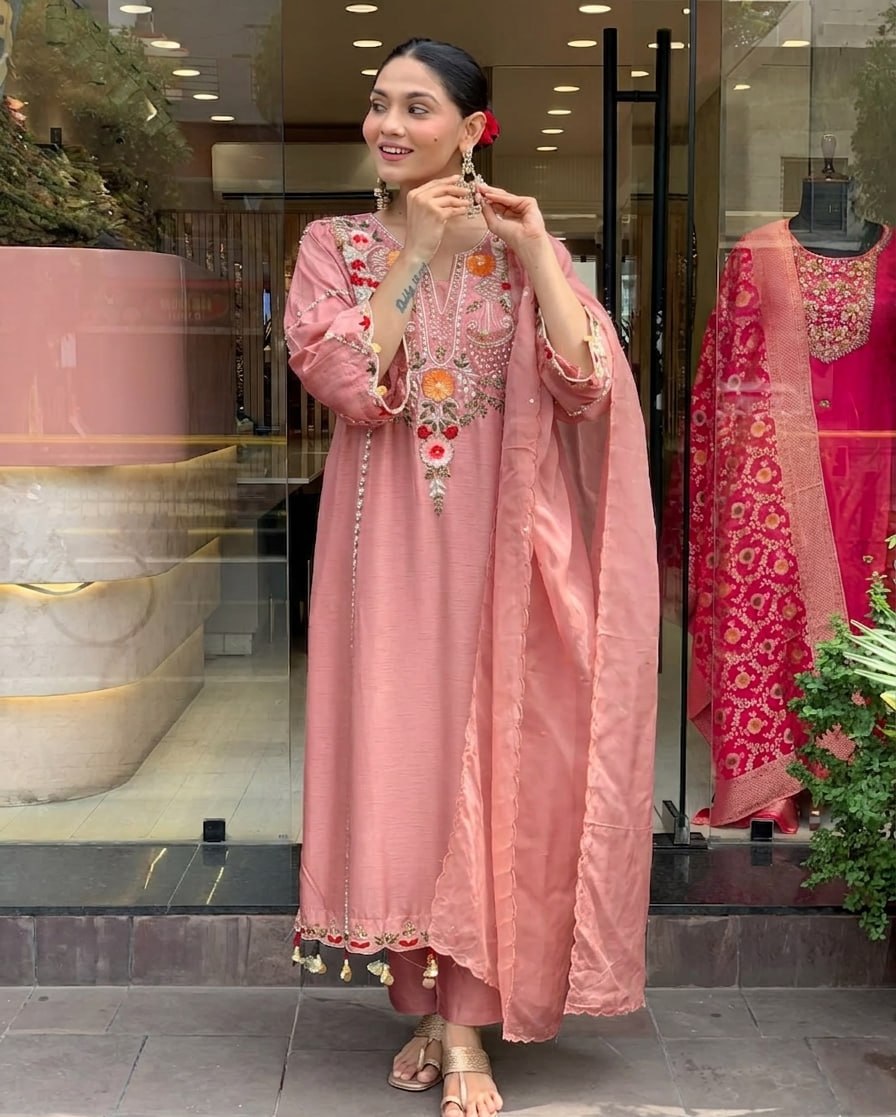Premium Dusty Rose Pink Embroidered Cottan Lining Suit Set with Dupatta
