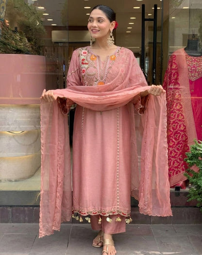 Premium Dusty Rose Pink Embroidered Cottan Lining Suit Set with Dupatta