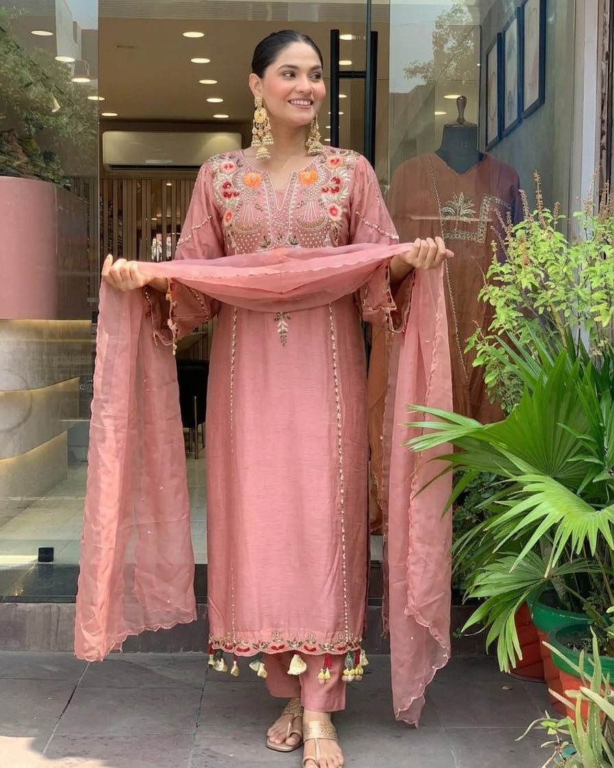 Premium Dusty Rose Pink Embroidered Cottan Lining Suit Set with Dupatta