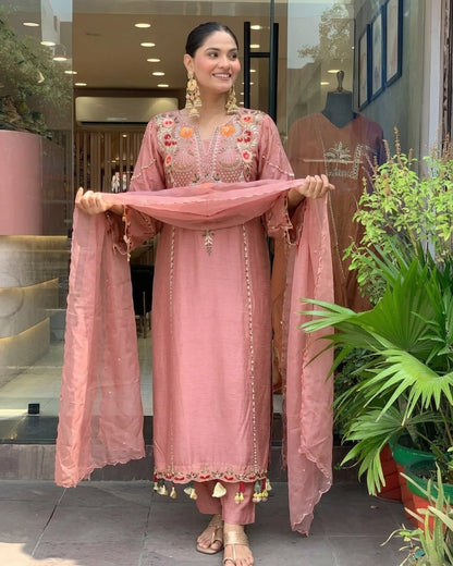 Premium Dusty Rose Pink Embroidered Cottan Lining Suit Set with Dupatta