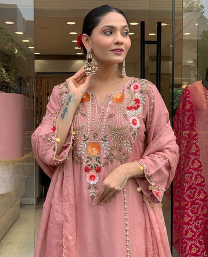 Premium Dusty Rose Pink Embroidered Cottan Lining Suit Set with Dupatta