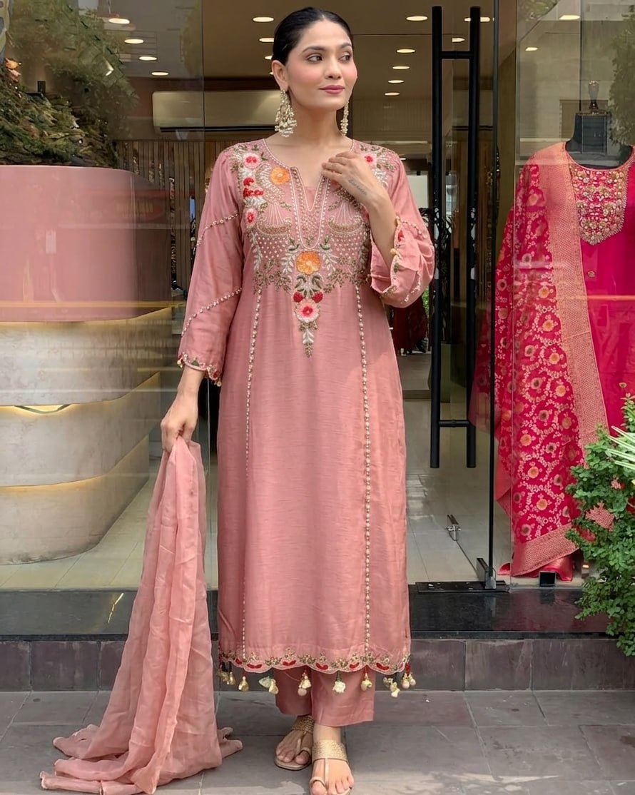 Premium Dusty Rose Pink Embroidered Cottan Lining Suit Set with Dupatta