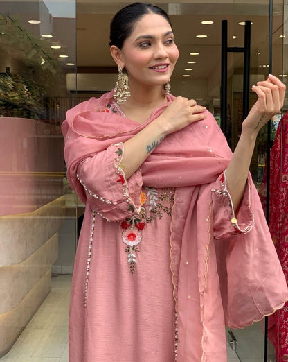 Premium Dusty Rose Pink Embroidered Cottan Lining Suit Set with Dupatta