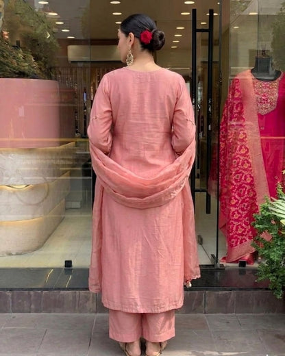 Premium Dusty Rose Pink Embroidered Cottan Lining Suit Set with Dupatta