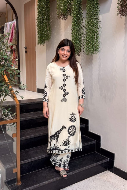 Premium Cream Mulberry Silk Bagru Print Kurti and Palazzo Set