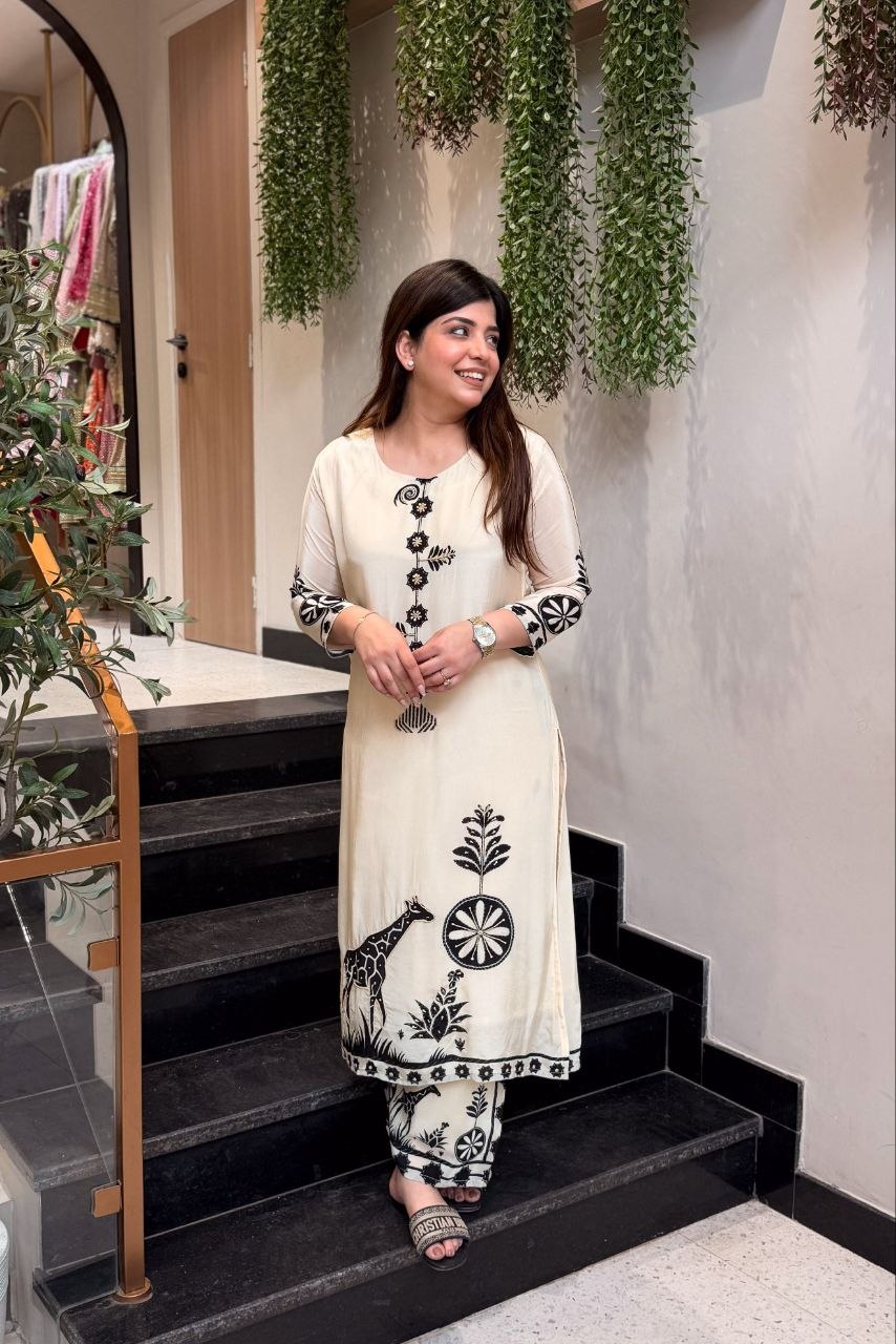 Premium Cream Mulberry Silk Bagru Print Kurti and Palazzo Set