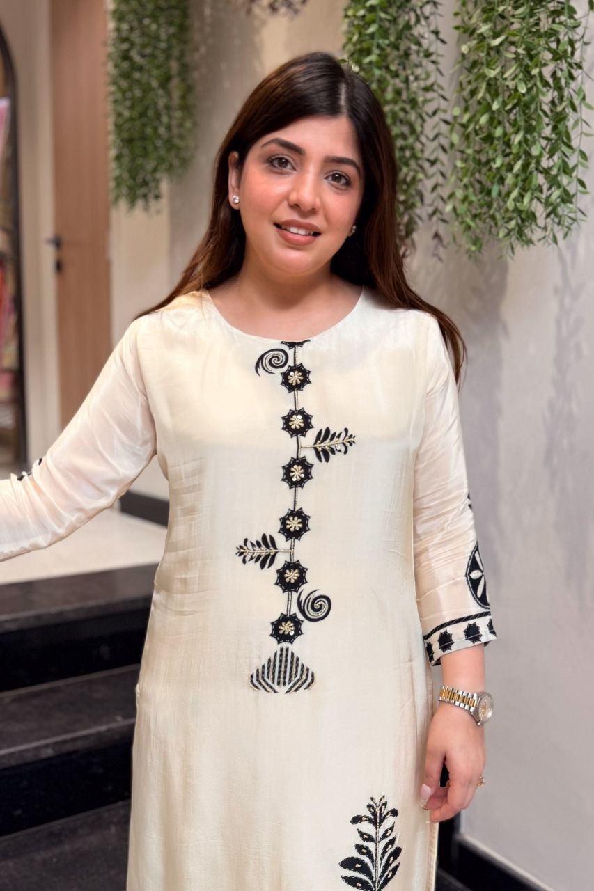 Premium Cream Mulberry Silk Bagru Print Kurti and Palazzo Set