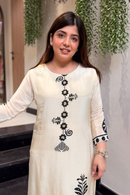 Premium Cream Mulberry Silk Bagru Print Kurti and Palazzo Set