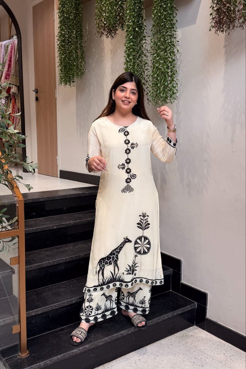 Premium Cream Mulberry Silk Bagru Print Kurti and Palazzo Set