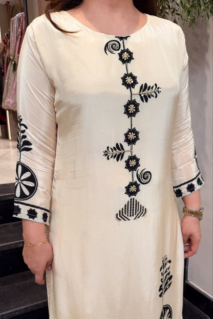 Premium Cream Mulberry Silk Bagru Print Kurti and Palazzo Set