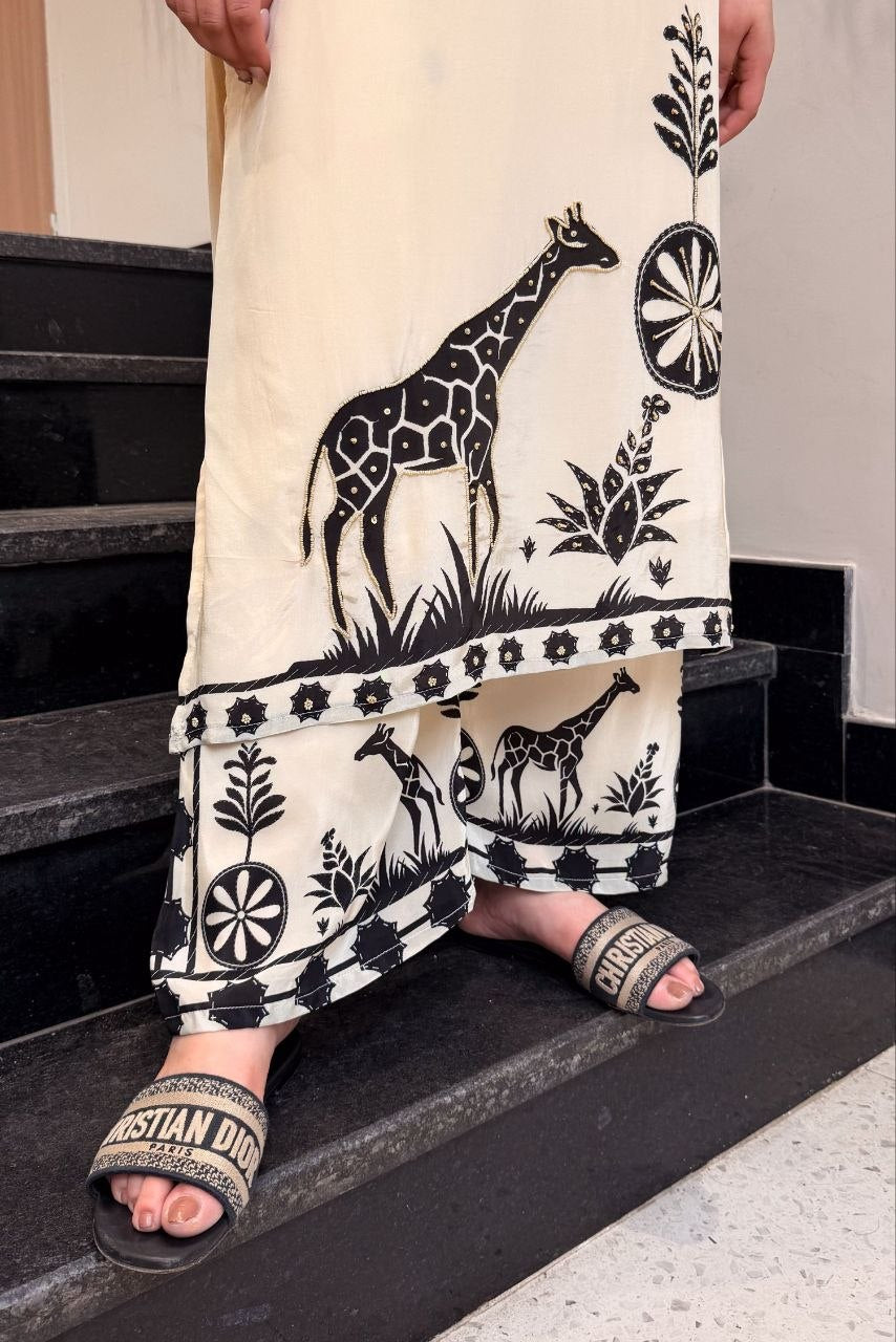 Premium Cream Mulberry Silk Bagru Print Kurti and Palazzo Set