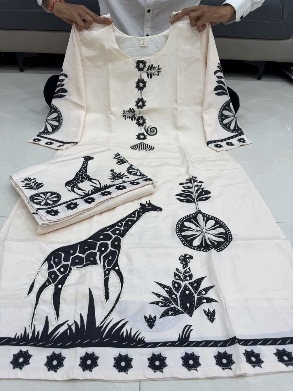 Premium Cream Mulberry Silk Bagru Print Kurti and Palazzo Set