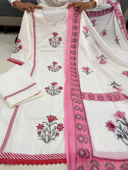 Jaipuri Off-White & Pink Floral Block Print Cotton Suit Set