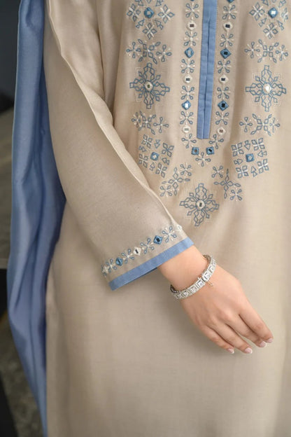 Premium Beige & Blue Embroidered Chanderi Silk Suit Set with Chinon Dupatta