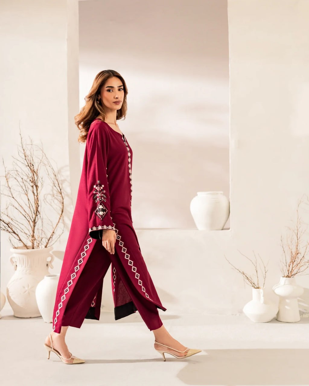 Premium Deep Maroon Geometric Embroidered Kurti & Pant Set with Dupatta