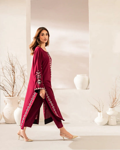 Premium Deep Maroon Geometric Embroidered Kurti & Pant Set with Dupatta
