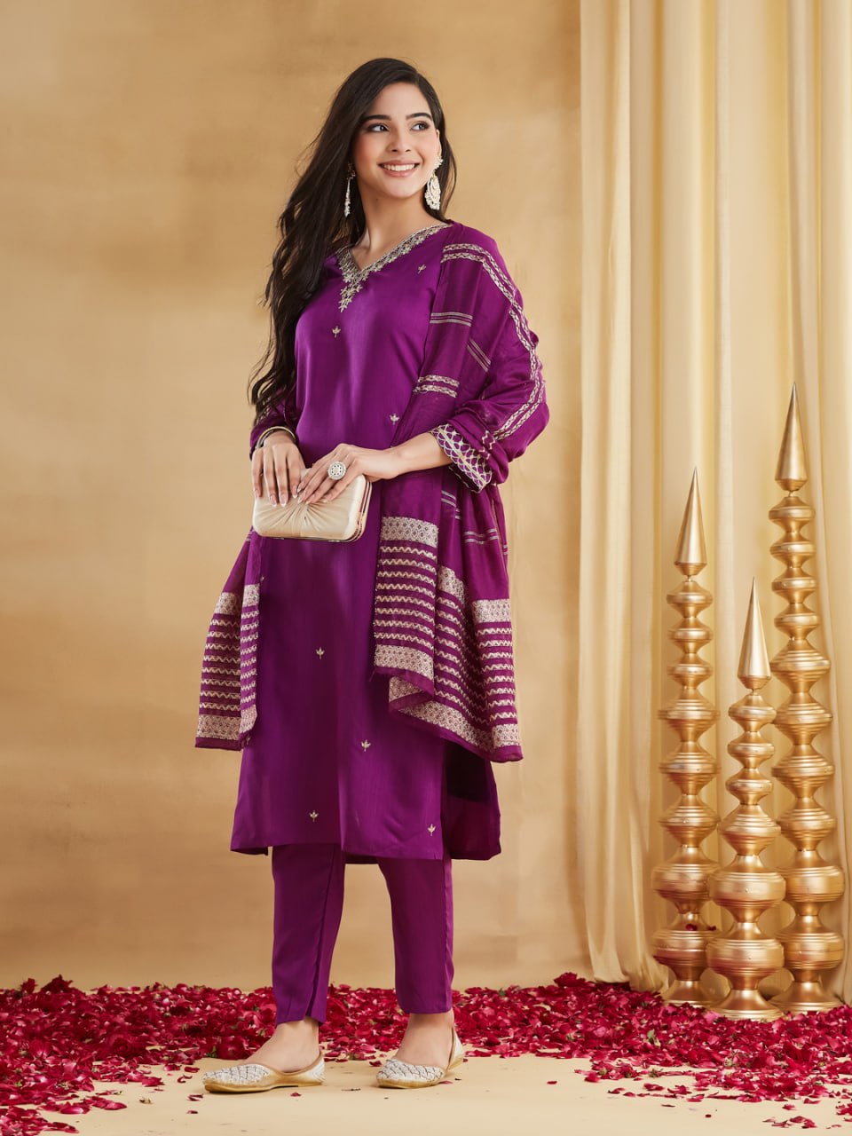 Premium Deep Purple Embroidered Viscose Rayon Suit Set with Chanderi Jacquard Dupatta