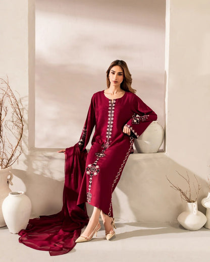 Premium Deep Maroon Geometric Embroidered Kurti & Pant Set with Dupatta