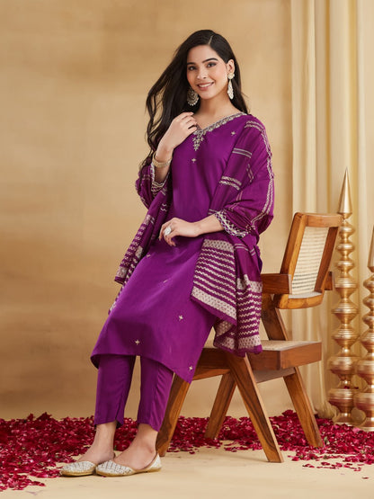 Premium Deep Purple Embroidered Viscose Rayon Suit Set with Chanderi Jacquard Dupatta