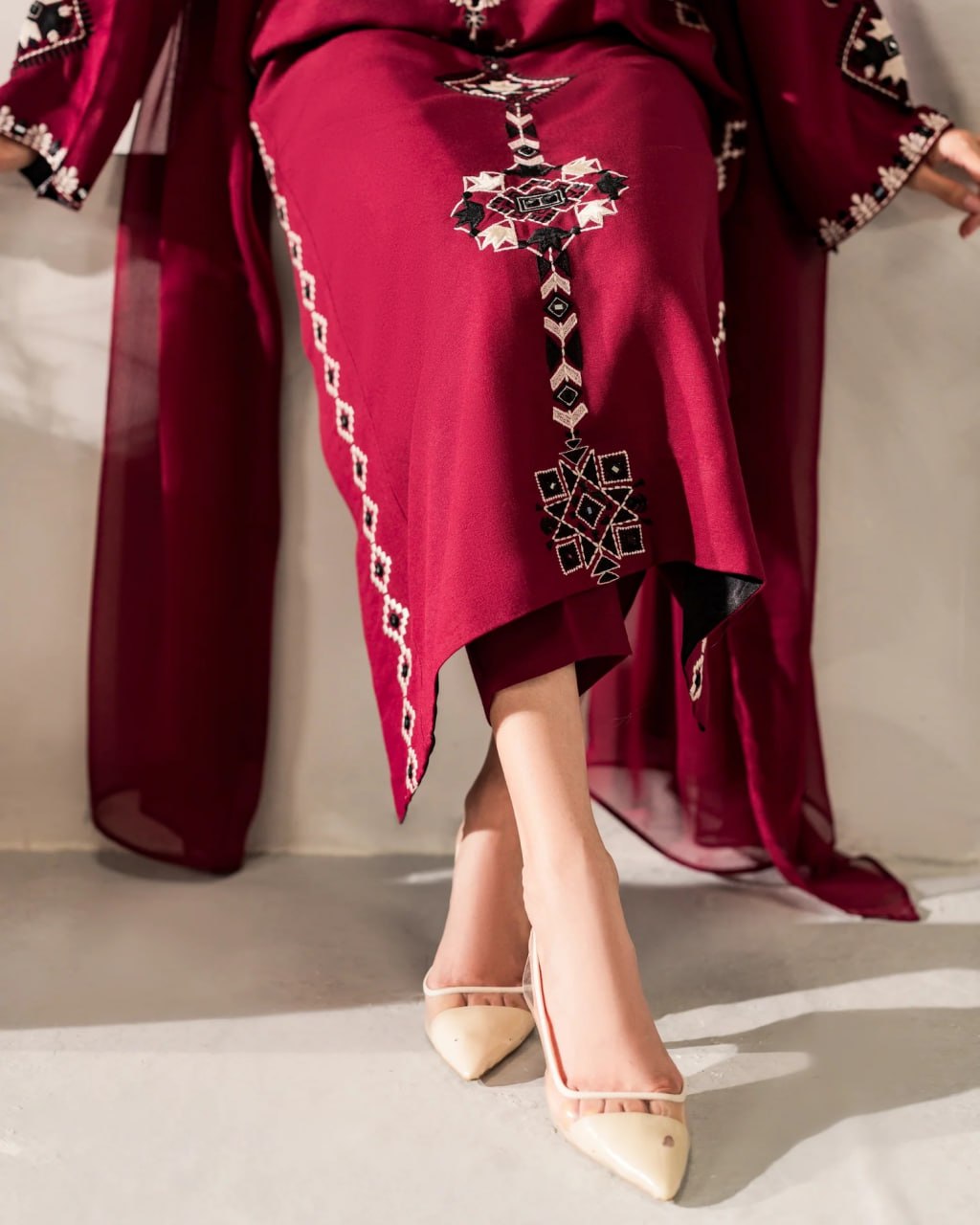Premium Deep Maroon Geometric Embroidered Kurti & Pant Set with Dupatta
