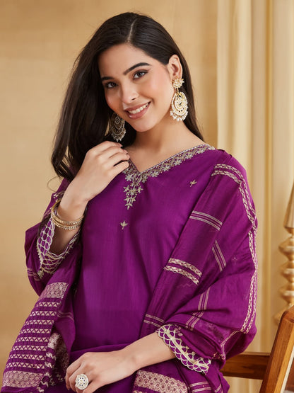 Premium Deep Purple Embroidered Viscose Rayon Suit Set with Chanderi Jacquard Dupatta