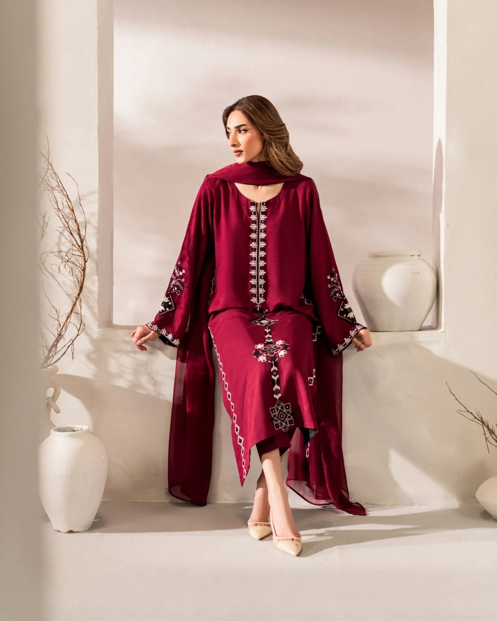 Premium Deep Maroon Geometric Embroidered Kurti & Pant Set with Dupatta