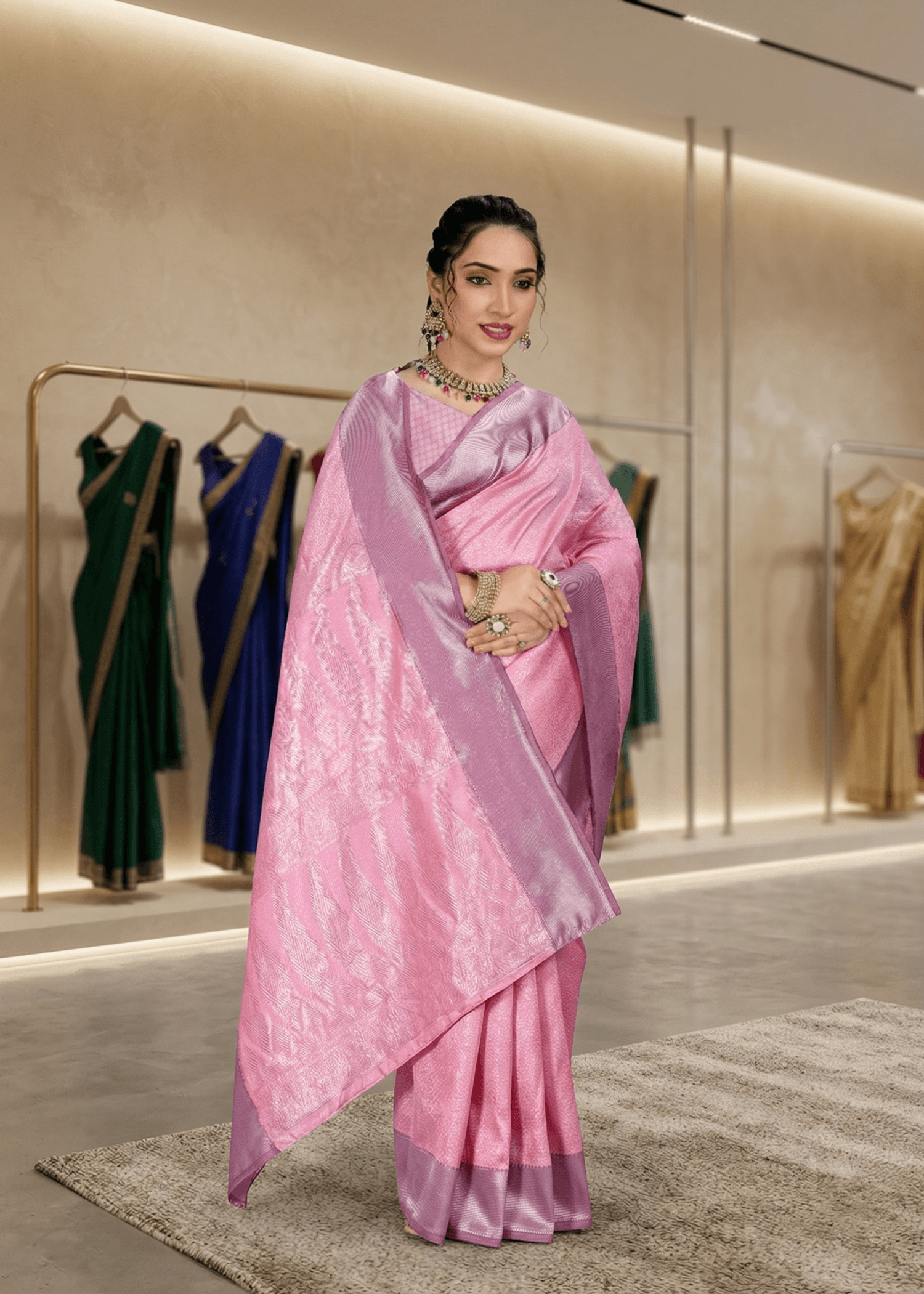 Model gracefully draped in a beautiful soft pink woven jacquard silk saree